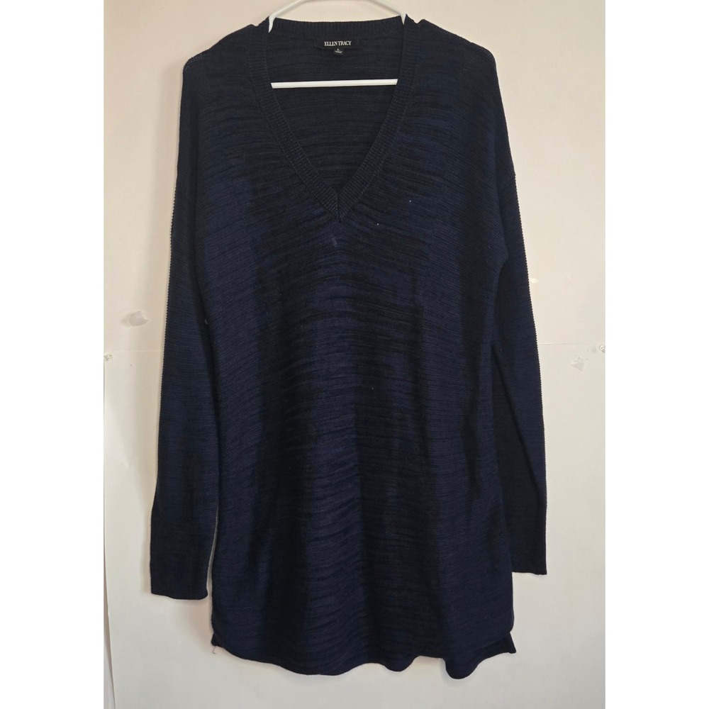 Ellen Tracy Womens V-Neck Tunic Sweater Admiral Blue Black Space Dye Knit Large